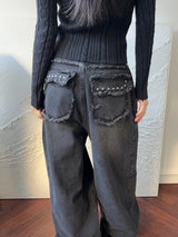 Rough Muse Tassel Ball Stud Wide Long Denim Pants