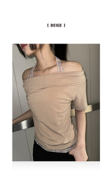 Check Halter Off-Shoulder Semi-Crop T-Shirt