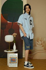 Navy C Patch Light Blue Denim short-sleeved Shirt [Unisex]