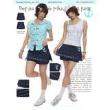 BETWEENAND “Deep-Sea Fairy Tale” Summer Navy Blue Polka-Dot Printed Skirt-Pants, Midi Skirt, and Shorts—Versatile and Slimming