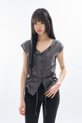 Low shirring button-up blouse