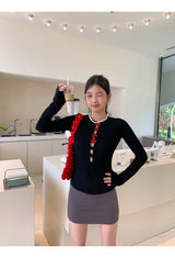 レッドボウスリットロングスリーブニットシャツ