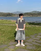 Windy Buckle Stripe Collar Short Sleeve Knit