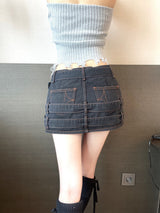 1206. 3 Belt hip denim mini sk (2color)