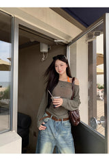 ルーズフィットオフショルダーレイヤードセットロングスリーブTシャツ