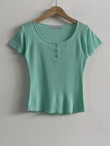Lua Round Neck Button Ribbed Short Sleeve Knit Top 8 Colors