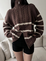 [UNISEX/Overfit] クラウンハチカラーコンビネーションストライプドハイネックツーウェイジップアップ (3 colors)