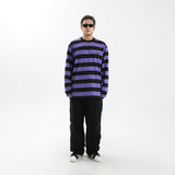 ストライプラウンド長袖Tシャツ BK/PU