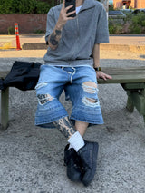 Double destroyed denim bermuda pants 1C