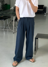 No-Mace Back Banding Two-Tuck Linen Wide Pants