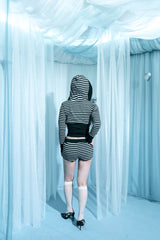 Stripe cropped hooded zip-up shot pants set-up two-piece