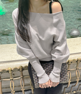 (100% COTTON) ボートネックチックリップUネックオフショルダースリムニット - 3 COLOR