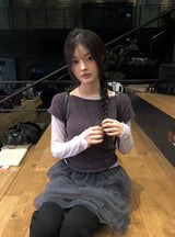 コージーUネックレイヤードキャップショートスリーブウールニット