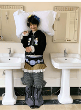 sillysis 青いチェック柄のレースドローストリングポケットパンツ、ゆったりデザイン、金属ボタン、ワイドレッグカジュアルパンツ