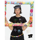 BETWEENAND Women's New Short-Sleeve T-Shirt with Colorful Island Pearl Embroidery and Two-Tone Design