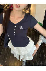 半袖ボタンスリムリブド半袖Tシャツ