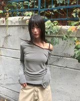 ツーフィットストライプアンバランスストラップ長袖Tシャツ