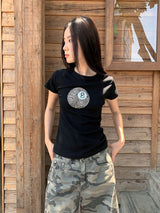 ブラックラウンドレオパードスパンデックスショートスリーブTシャツ