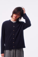 WOOL BLEND PIQUÉ TEXTURE CROSS TOTEM EMBROIDERY RAW-EDGE FOUR-COLOR BUTTON CARDIGAN