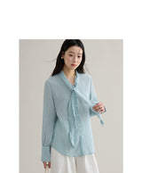 French ribbon tie V-neck blouse