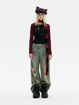 Emoha Red and black punk cat furry cat tail scarf