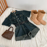 Dello stitch denim short sleeve short jumpsuit