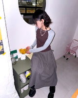 (2color) Ribbon Pleated Check Long Skirt