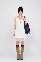 FRINGE-HEM KNIT V-NECK DRESS IN WHITE