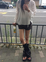 [Belt SET] ベッシー ロールアップ ウォッシング デニム ショートパンツ