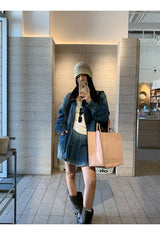 denim loose fit collar zip-up jacket two-piece (skirt set)
