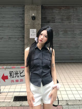 ニール ストライプ バックレス ホルター カラー シャツ
