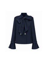 [PRE-FALL] Lune High Neck Ribbon-Tie Flared-Cuff Jacket Navy