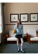 Sky V-neck Lace Bow Long Sleeve T-shirt