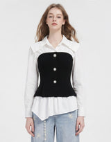 Julie Ribbed Button Bustier Layered Long Sleeve Blouse White