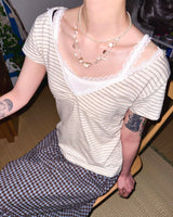(3color) Lace Stripe Hood Short Sleeve Tee