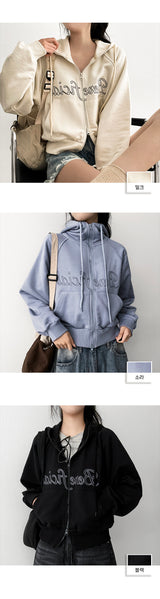Rika Lettering Embroidered Zurry High-Neck Hooded Zip-Up