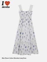 Blue Flower Cotton Sleeveless Long Dress