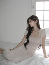 Elia Shirred Sheer Short-Sleeve Maxi Dress