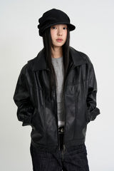 Curved leather overfit jacket