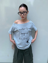レタリングワンショルダーオフショルダーオーバーフィット半袖Tシャツ