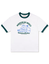 UNISEX Overfit Puppy Surfing Ringer Short Sleeve T-Shirt White Green (FCE2TS401M)