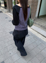 シャバニンストライプヘンリーネック長袖Tシャツ