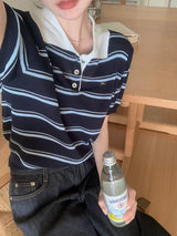 Border Collar Button Short Sleeve Knit (4color)