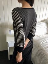 ミナミ ストライプド Uネック 9分袖 Tシャツ