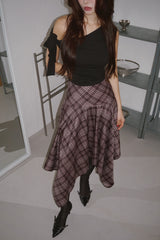 Unbalanced High Midi Checkered Skirt