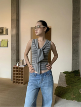 グレー ストライプ ストラップ ノースリーブ Tシャツ