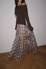 Deep Brown V-neck Off-Shoulder Long-Sleeved Top