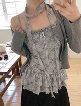 BN Check Frill Bustier + Cardigan + Tie Set (3color)