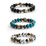 C22SVB-1001 Onyx Natural Stone Bead Bracelet Black Matte Turquoise Striped Agate Skull Men's Bracelet
