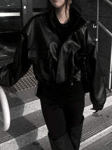 high neck cropped leather jacket